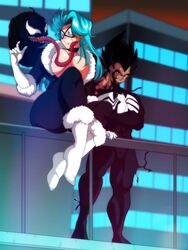 1boy 1girls big_breasts black_cat_(cosplay) black_hair blue_hair bulma_briefs bulma_briefs_(post_saiyan_saga) costume dragon_ball dragon_ball_z female hi_res light_blue_hair long_hair long_tongue male marvel marvel_comics nala1588 outdoors shounen_jump smile straight_hair symbiote vegeta venom_(marvel) rating:Questionable score:54 user:!nner$elf89