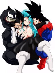 1girls 2boys anger_vein angry angry_face big_breasts black_cat_(cosplay) black_hair blue_hair breast_grab bulma_briefs bulma_briefs_(post_saiyan_saga) collar dragon_ball dragon_ball_z eyes_mostly_closed female hi_res light_blue_hair long_hair looking_at_viewer male marvel marvel_comics muscular muscular_male nala1588 sharp_teeth shounen_jump sitting son_goku spider-man_(cosplay) symbiote vegeta venom voluptuous white_background rating:Questionable score:62 user:!nner$elf89