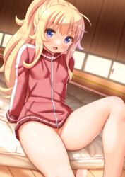  angel blonde_hair blue_eyes blush cedar_(artist) censored female gabriel_dropout jacket light long_hair looking_at_viewer mosaic_censoring open_mouth pussy tenma_gabriel_white track_jacket  rating:explicit score: user:bot