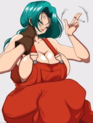 1girls areola_slip big_breasts blue_eyes blue_hair bulma_briefs cigarette dragon_ball dragon_ball_z female female_only future_bulma hi_res huge_breasts light_blue_hair long_hair looking_at_viewer mature_female milf naked_overalls nala1588 narrowed_eyes overalls overalls_only pink_lips shounen_jump smiling smiling_at_viewer solo solo_female voluptuous white_background rating:Explicit score:133 user:!nner$elf89