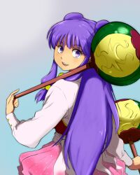  chui hair_ornament hair_ornaments long_hair looking_at_viewer maabou open_mouth purple_eyes purple_hair ranma_1/2 sash shampoo shampoo_(ranma_1/2) simple_background smile weapon  rating:safe score: user:bot