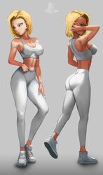 abs android_18 big_ass big_breasts blonde_hair blue_eyes clothing dragon_ball dragon_ball_super dragon_ball_z elitenappa leggings long_legs muscular muscular_female sports_bra sportswear thick_thighs rating:Explicit score:269 user:Duncan33303