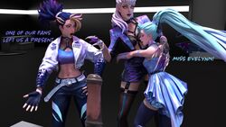 3d 3d_(artwork) 3girls akali blonde_hair blue_hair clothed clothes comic erevos evelynn female_only image_set jacket k/da_all_out_akali k/da_all_out_evelynn k/da_all_out_seraphine k/da_all_out_series league_of_legends league_of_legends:_wild_rift no_penetration seraphine_(league_of_legends) skirt teal_hair text two_tone_hair white_hair yellow_eyes rating:Questionable score:4 user:Erevos