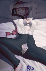 1girls arms_up bed bed_sheet black_pants bra braid breasts chainsaw_man female highres laying_on_back laying_on_bed long_hair looking_at_viewer makima_(chainsaw_man) medium_breasts open_clothes open_shirt orange_eyes panties pants parted_lips rdy red_hair scissors shirt shirt_tucked_in solo torn_clothes torn_pants underwear white_shirt rating:Questionable score:61 user:Foreverpain