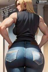 1girls ai_generated ass ass_focus back_view big_ass big_breasts big_butt blonde_hair confident dat_ass daulawkins english_text fat_ass from_behind from_below jeans jujutsu_kaisen large_breasts looking_at_viewer muscular muscular_female orange_eyes parted_lips sleeveless sleeveless_shirt smile smiling_at_viewer smug solo stable_diffusion text thick_lips thick_thighs thigh_gap thighs voluptuous yuki_tsukumo rating:Questionable score:121 user:utka1917