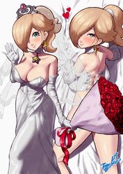 alternate_costume big_breasts blonde_hair blue_eyes breasts bridal_gown bridal_veil female female_only flowers gloves heart-shaped_pupils mario_(series) nintendo ponytail princess_rosalina solo super_mario_galaxy super_mario_odyssey tagme tiara wedding_dress wedding_peach_(super_mario_odyssey)_(cosplay) wedding_veil yamino_ekakinin rating:Questionable score:118 user:Mudlover