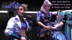 3d 3d_(artwork) 3girls akali blonde_hair blue_hair clothed clothes comic erevos evelynn female_only image_set jacket k/da_all_out_akali k/da_all_out_evelynn k/da_all_out_seraphine k/da_all_out_series league_of_legends league_of_legends:_wild_rift no_penetration seraphine_(league_of_legends) skirt teal_hair text two_tone_hair white_hair yellow_eyes rating:Questionable score:5 user:Erevos