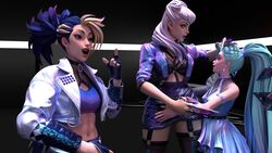 3d 3d_(artwork) 3girls akali blonde_hair blue_hair clothed clothes erevos evelynn female_only hugging image_set jacket k/da_all_out_akali k/da_all_out_evelynn k/da_all_out_seraphine k/da_all_out_series league_of_legends no_penetration seraphine_(league_of_legends) skirt teal_hair two_tone_hair white_hair yellow_eyes rating:Questionable score:4 user:Erevos