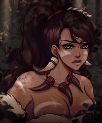 1girl 1girls big_breasts black_hair black_hair_female clevage dark-skinned_female dark_skin feather female female_focus female_only forehead_gem forehead_jewel forest forest_background gem_on_forehead green_eyes green_eyes_female hi_res high_res high_resolution highres jewel_on_forehead league_of_legends long_hair long_hair_female looking_at_viewer lunnaryart nidalee ponytail ponytail_female riot_games sweat sweatdrop sweating tooth_necklace rating:Explicit score:11 user:mydickhurtaf