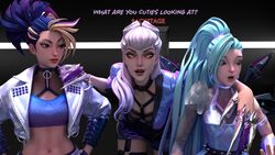 3d 3d_(artwork) 3girls akali blonde_hair blue_hair clothed clothes comic erevos evelynn female_only image_set jacket k/da_all_out_akali k/da_all_out_evelynn k/da_all_out_seraphine k/da_all_out_series league_of_legends league_of_legends:_wild_rift no_penetration seraphine_(league_of_legends) skirt teal_hair text two_tone_hair white_hair yellow_eyes rating:Questionable score:10 user:Erevos