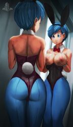 back_view blue_eyes blue_hair breast_grab bulma_(bunny) bulma_briefs bunny_ears bunny_tail bunnysuit dragon_ball dragon_ball_super dragon_ball_z elitenappa female female_only holding_breast mirror nipples smile rating:Explicit score:440 user:moistlover