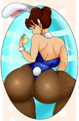 1girls asian ass back back_view bangs big_ass big_breasts blue_leotard breasts brown_eyes brown_hair bunny_ears bunny_girl bunny_tail bunnysuit capcom chun-li clothed clothing detailed_background digital_media_(artwork) earrings easter easter_egg egg female female_only hair hair_bun half-closed_eyes headgear headwear hi_res highres holding_egg holding_object large_ass large_breasts leotard light-skinned_female light_skin long_ears looking_at_viewer looking_back muscular muscular_female neckerchief pantyhose short_hair solo solo_female solo_focus sonson-sensei street_fighter thick_thighs thighs wrist_cuffs rating:Questionable score:91 user:Slimey_