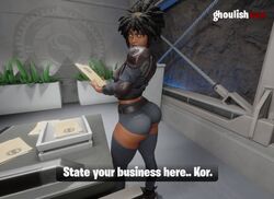 1girls 3d ass big_breasts blender dark-skinned_female dark_skin dialogue doctor_slone female female_only fortnite ghoulishxxx kor_(fortnite) looking_at_viewer office shorts solo tagme text watermark rating:Explicit score:121 user:Voidalik