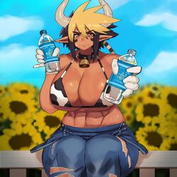 abs animal_ears animal_tail big_breasts bovine cathyl_(monster_musume) cow_girl cow_print ezzyecchi female female_minotaur horns minotaur minotaur_female minotaur_girl monster_girl monster_musume_no_iru_nichijou ripped_pants sitting_on_fence sunflower tagme rating:Questionable score:141 user:Rapattack12