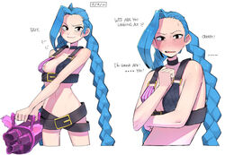 1girls 2koma accidental_exposure bangs blue_hair blush blushing blushing_profusely bra braid braided_twintails breasts covering_breasts covering_nipples covering_self cute dialogue embarrassed fang female female_focus female_only gun jinx_(league_of_legends) league_of_legends medium_breasts nipple nipple_slip ohasi proud riot_games shame shaming shaming_viewer shorts small_breasts smug_smile twintails weapon rating:Explicit score:184 user:Mang