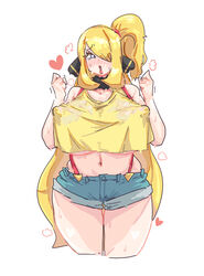 1girls blonde_hair blush booty_shorts breasts breasts_between_suspenders cynthia_(pokemon) denim_shorts erect_nipples female female_only heart hearts huge_breasts huge_nipples jean_shorts kasumi_(pokemon) kasumi_(pokemon)_(cosplay) leebongchun long_hair mature mature_female milf misty_(pokemon)_(cosplay) mouth nipple_bulge nipples_visible_through_clothing pokemon pokemon_dppt ponytail shorts solo suspenders sweat sweatdrop tank_top white_background wide_hips yellow_topwear rating:Questionable score:167 user:daft_human