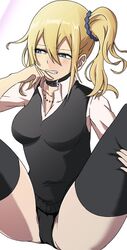 1girls belt_collar big_ass blonde_hair blue_eyes blush breasts collar eyebrows eyebrows_visible_through_hair eyelashes eyelashes_visible_through_hair gritting_teeth hayasaka_ai kaguya-sama_wa_kokurasetai_~tensai-tachi_no_renai_zunousen~ laying_back legs_up looking_to_the_side messy_hair necklace nervous panties scrunchie side_tail simple_background sitting stockings sweater thighhighs thighs white_background ze_r0_ze_r0 rating:Questionable score:98 user:Chibu