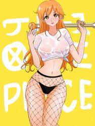 1girls big_breasts blush breasts brown_eyes clima-tact curvy female female_only fishnet_legwear fishnet_pantyhose fishnets front_view long_hair midriff midriff_baring_shirt nami navel one_piece opalisart orange_hair panties see-through see-through_clothing shirt_up slim slim_waist solo standing tattoo thick_thighs thong tied_shirt wet wet_shirt wide_hips yellow_background rating:Explicit score:214 user:lespam_605