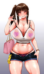 1girls absurdres bag bangs big_breasts bite_mark black_shorts blunt_bangs blush boobs bracelet breasts brown_eyes brown_hair busty cheating cleavage commentary condom condom_wrapper crop_top curvaceous curvy curvy_body curvy_female curvy_figure denim denim_shorts female female_only girls_und_panzer gradient gradient_background grey_background grin half-closed_eyes handbag heart heart_print highres huge_breasts jewelry large_breasts long_hair looking_at_viewer mature_female micro_shorts midriff navel nishizumi_shiho one_side_up panties print_shirt purple_panties rasson shirt short_shorts shorts sidelocks skindentation slutty_outfit smile solo spaghetti_strap standing strap_slip string_panties sweat thumb_in_pocket underwear voluptuous white_shirt rating:Questionable score:200 user:grimmriper25