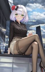 1girls black_bow black_shirt blouse business_suit clothed clothing dolri female female_only genshin_impact green_eyes heels high_heels legs lingerie noelle_(genshin_impact) pantyhose shirt skirt thick_thighs white_hair white_skirt rating:Safe score:264 user:Fumeknight1