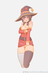 1girls artist_name asymmetrical_legwear bandaged_leg bandages bangs bare_shoulders bartolomeobari black_collar black_hair black_legwear blush breasts breasts_out clothes_pull collar cowboy_shot cropped_legs dress dress_pull embarrassed eyebrows_visible_through_hair female hat highres horny kono_subarashii_sekai_ni_shukufuku_wo! long_sleeves looking_at_viewer medium_hair megumin nipples pussy red_eyes short_dress sidelocks simple_background small_breasts solo solo_female teenage_girl teenager thighhighs uncensored wavy_mouth white_background white_legwear wizard_hat young rating:Explicit score:756 user:bot