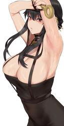 armpits arms_up assassin bangs bare_shoulders black_dress black_gloves black_hair breasts cleavage commentary_request dagger dress female fingerless_gloves gloves gold_hairband highres knife kurowa large_breasts long_hair looking_at_viewer red_eyes sidelocks solo spy_x_family stiletto_(weapon) sweat sweating thorn_princess weapon yor_briar rating:Questionable score:178 user:do_you_fart