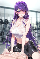 1boy ai_generated cum cum_in_clothes female fit_female gym gym_clothes hoshino_ai leggings novelai oshi_no_ko skindentation smile solo standing sweat sweating thigh_sex workout_clothes rating:Explicit score:62 user:ChaoticLust