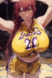 ai_generated breasts chainsaw_man huge_breasts jersey makima_(chainsaw_man) naughty_face nsfw red_hair sweat sweating yellow_eyes rating:Explicit score:113 user:Saint555666