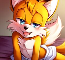 1boy ai_generated anthro bedroom_eyes blanket blue_eyes blush canine fox male male_only miles_tails_prower mobian_(species) orange_fur smile sonic_(series) sonic_the_hedgehog_(series) tails tails_the_fox white_fur rating:Questionable score:20 user:Nine_Prower