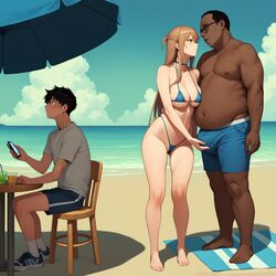 1girls 2boys aamak_rith ai_generated beach bikini bulge cheating cuckold dark-skinned_male dark_skin fat_man female female_focus interracial kirito light-skinned_female light_skin male netorare ntr sword_art_online ugly_bastard ugly_man yuuki_asuna rating:Explicit score:107 user:Aamak_Rith