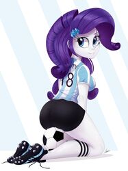 1girls anthro artist_signature ass ball bike_shorts black_short_shorts black_shorts blue_eyes clothed clothed_female equestria_girls female female_only hasbro kneeling looking_back minishorts my_little_pony ncmares pale-skinned_female pale_skin purple_hair rarity_(eg) rarity_(mlp) short_sleeves shorts smile smiling soccer_ball soccer_shoes soccer_uniform socks solo solo_female sport_shorts sportswear striped_background striped_shirt striped_topwear tagme tumblr_link white_background white_body white_skin white_socks rating:Explicit score:40 user:Inventioneer5.65