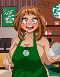  1girls acruxarts almost_naked apron_only barista breasts_bigger_than_head employee employee_uniform holding_cup i_mean_breast_milk iced_latte_with_breast_milk massive_breasts my_hero_academia no_nipples_visible ochako_uraraka solo_female solo_focus starbucks tagme  rating:questionable score: user:deleted107137