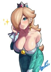 1girls artist_signature blonde_hair blue_eyes blush breasts cleavage clothed crown earrings female female_only hair_over_one_eye large_breasts leaning_forward mario_(series) nintendo princess_rosalina solo super_mario_galaxy tagme white_background yamino_ekakinin rating:Questionable score:117 user:Mudlover