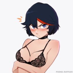 1girls absurdres artist_name bare_shoulders black_bra black_hair blue_eyes blush bra breasts choker cleavage closed_mouth collarbone cute eyebrows_visible_through_hair frown grey_background highres kill_la_kill looking_at_viewer matoi_ryuuko medium_breasts multicolored_hair pudgeruffian red_hair short_hair simple_background solo tomboy two-tone_hair underwear upper_body rating:Questionable score:329 user:Booty-Connoisseur_