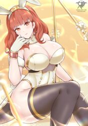 1girls 2022 absurdres adapted_costume alternate_costume animal_ears artist_logo artist_name artist_signature bare_shoulders black_legwear black_thighhighs breasts bunny_ears bunny_girl bunnysuit celica_(fire_emblem) cleavage detached_collar earrings fake_animal_ears female female_only fire_emblem fire_emblem_echoes:_shadows_of_valentia gloves gold_trim hand_on_own_face hi_res highleg highleg_leotard highres hips huge_breasts kaos_art large_breasts leotard long_hair looking_at_viewer nintendo orange_eyes orange_hair patreon_username playboy_bunny rabbit_ears red_eyes red_hair sitting slim_waist solo strapless strapless_leotard thighhighs white_gloves white_leotard wide_hips zettai_ryouiki rating:Questionable score:160 user:ZetaReborn