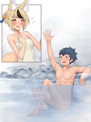 1boy 1girls abs animal_ears bath_towel bathing blonde_hair blue_hair blush commission commissioner_upload female fire_emblem fire_emblem_fates fox_ears fox_girl fox_tail hair_ornament highres igni_tion kiragi_(fire_emblem) naked_towel nintendo nude onsen orange_eyes raised_arm selkie_(fire_emblem) steam straight tail toned toned_male towel yellow_eyes rating:Questionable score:21 user:DivingAgent