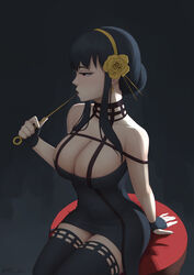 1girls assassin big_breasts black_clothing black_hair cleavage dress fingerless_gloves kris_null looking_away oral_fixation pointy_nose red_eyes simple_background sitting spy_x_family stiletto_(weapon) stockings stool_(chair) thighhighs thorn_princess tight_clothing weapon yor_briar rating:Questionable score:109 user:Errinel