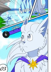 absurd_res alolan_ninetales anthro anthrofied blue_body blue_fur blue_nose brooch cape chiro_(zerochill) clothing cloud comic english_text facial_markings fur gameplay_mechanics grass hair head_markings hi_res ice khblacky97 male markings motion_lines nintendo onomatopoeia page_3 plant pokémon_(species) pokémorph pokemon pokemon_unite regional_form_(pokémon) serious solo sound_effects sparkles text video_games white_body white_fur white_hair rating:Safe score:4 user:olscli16