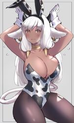 1girls @_@ alternate_costume ash_(fire_emblem) bangs breasts brown_eyes bunny_ears bunny_girl bunnysuit cleavage cow_girl cow_print dark-skinned_female dark_skin female female_only fire_emblem fire_emblem_heroes gesture huge_breasts juneplums long_hair nervous nervous_smile nintendo open_mouth pantyhose smile solo thick_thighs white_hair rating:Questionable score:66 user:KassTheFuta