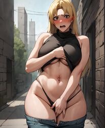 1girls ai_generated bangs black_panties blonde_hair blush brown_eyes caught covering_crotch curvy embarrassed female female_only gardener_ai hand_on_crotch highleg_panties jeans jujutsu_kaisen large_breasts long_hair midriff navel navel_piercing open_mouth panties pants pants_down pony_diffusion_xl shirt shirt_lift sleeveless solo stable_diffusion string_panties tank_top thick_thighs thong toned undressed wide_hips yuki_tsukumo rating:Questionable score:122 user:gordon9