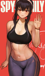 1girls assassin big_breasts black_hair breasts female female_focus female_only long_hair mr_tangsuyuk red_eyes shorts solo sports_bra sportswear spy_x_family standing sweat thick_thighs thorn_princess yor_briar rating:Questionable score:206 user:Mukkypokky