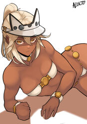 1girls absurdres alecto_0 artist_name bare_shoulders beltbra bikini blonde_female bracelet breasts choker dark-skinned_female dark_skin female guilty_gear guilty_gear_xrd hat highres jewelry lying on_side panties platinum_blonde_hair ramlethal_valentine shaded_face shadow short_hair simple_background small_breasts solo swimsuit underwear white_background white_panties yellow_eyes rating:Questionable score:120 user:vagabond512