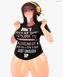 1girls big_breasts black_hair breasts female female_focus female_only mawiedz red_eyes shiny_skin solo spy_x_family standing thick_thighs thighs white_background yor_briar rating:Questionable score:125 user:Mukkypokky