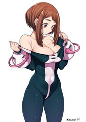 1girls breasts my_hero_academia ochako_uraraka simple_background slq solo stripping tagme takatsuki_ichi undressing rating:Questionable score:502 user:V1H7U2