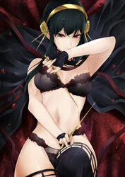 1girls assassin big_breasts black_hair bra breasts chark14 eye_contact female female_focus lingerie long_hair looking_at_viewer panties red_eyes solo spy_x_family stiletto_(weapon) thick_thighs thorn_princess yor_briar rating:Questionable score:91 user:Mukkypokky