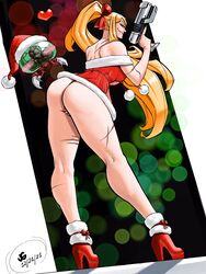 ass baby_(metroid) blonde_hair christmas gun high_heels jgeorgedrawz lingerie looking_back metroid metroid_(creature) samus_aran scars see-through_clothing simple_background tagme rating:Questionable score:38 user:Pandaah_