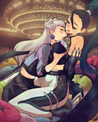 2girls bed big_breasts black_hair blush claws closed_eyes duo evelynn female female_only grabbing huge_breasts k/da_all_out_evelynn k/da_all_out_kai'sa k/da_all_out_series k/da_series kai'sa khartemis large_breasts league_of_legends long_hair multiple_girls muscular open_mouth riot_games sweat sweatdrop thick_thighs tongue tongue_out wet white_hair yellow_eyes yuri rating:Explicit score:108 user:warzone34