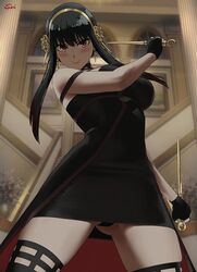 1girls assassin black_hair breasts cute_face dress female female_only legs panties red_eyes solo spy_x_family stiletto_(weapon) stockings sunfanart thorn_princess weapon yor_briar rating:Explicit score:103 user:darkflame_