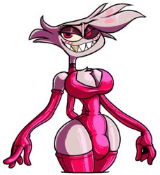 1boy angel_dust_(hazbin_hotel) arachnid bulge chest_tuft choker demon femboy gay hazbin_hotel looking_at_viewer male male_only monochrome pink sharp_teeth smile solo solo_focus solo_male spider thick_thighs thighhighs thighs vivienne_medrano wide_hips rating:Explicit score:60 user:FemboysAreLife