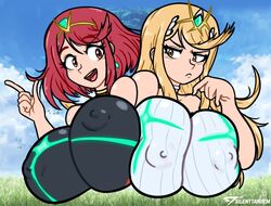 big_breasts hard_nipples mythra nintendo pyra silenttandem swimsuit xenoblade_(series) xenoblade_chronicles_2 rating:Questionable score:75 user:IHeartBoobs9